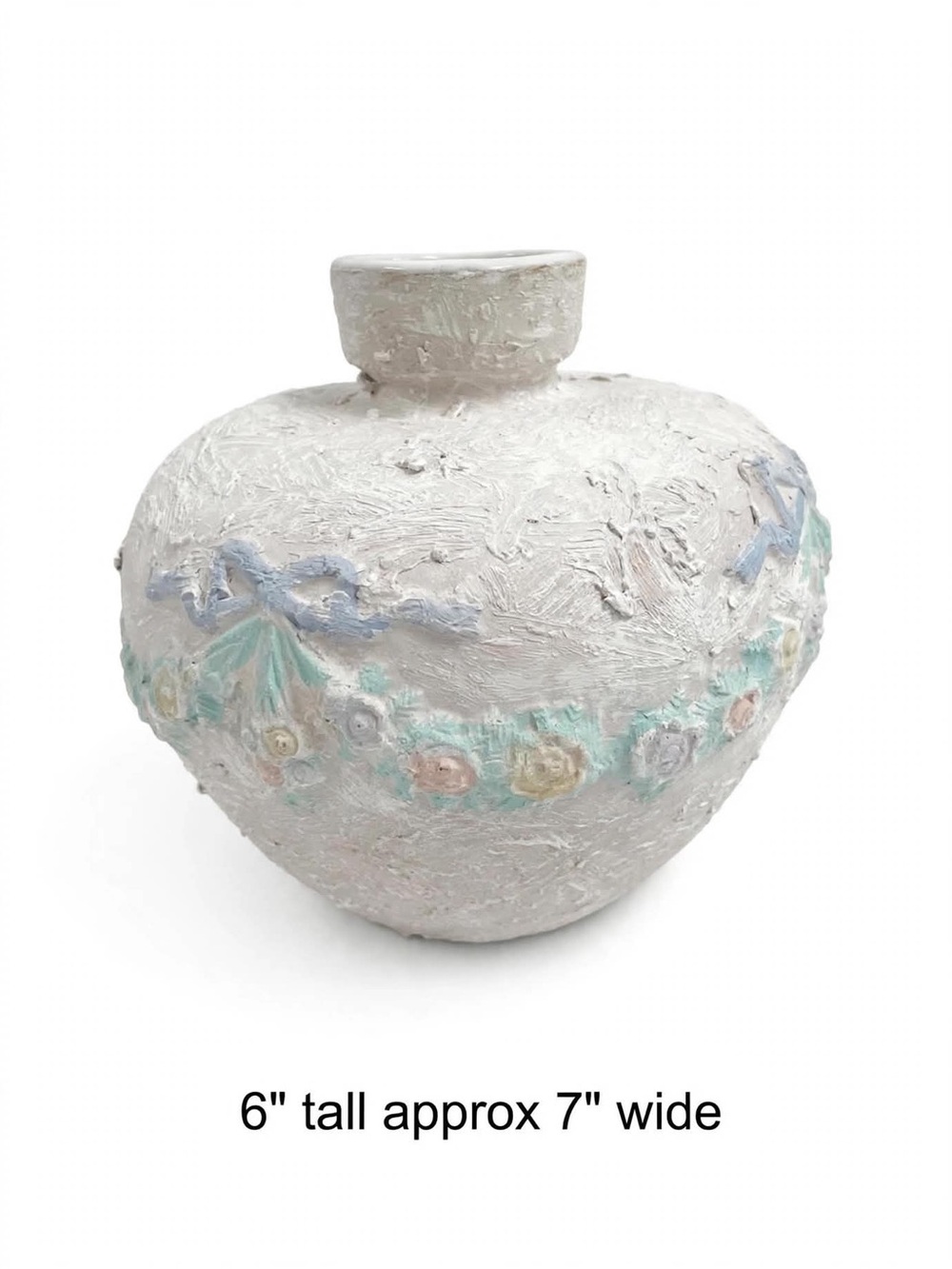 Handcrafted White Textured Decorative Vase with Pastel Floral Accents